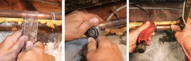 Photo of Mike Lombardi cleaning, cutting, and deburing a copper pipe.