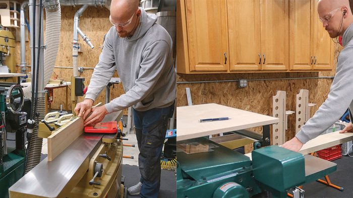 Photo of Casey Knips using jointer and planer in his shop.