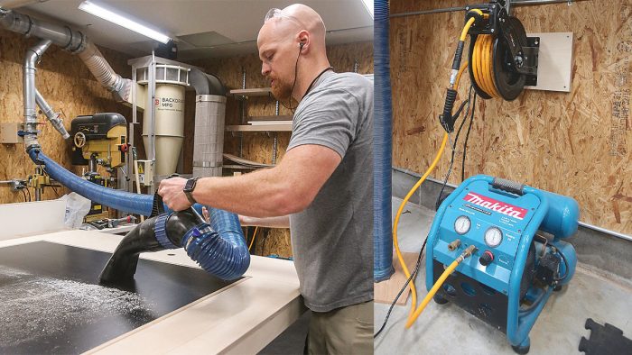 Photo of cleaning tools in Casey Knips' shop for dust-collection.