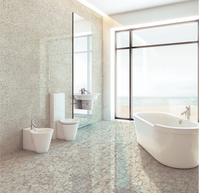 Terrazo from Esmer Tile implemented into a bathroom.