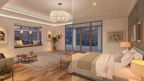 Rendering of a bedroom with different types of lighting