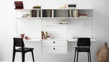 White string system shelving and desk unit