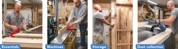 Four side-by-side photos of Casey Knips organizing his workshop with essentials, machines, storage, and dust collection.