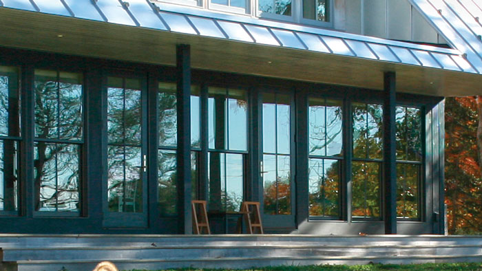 porch with wall of tall windows